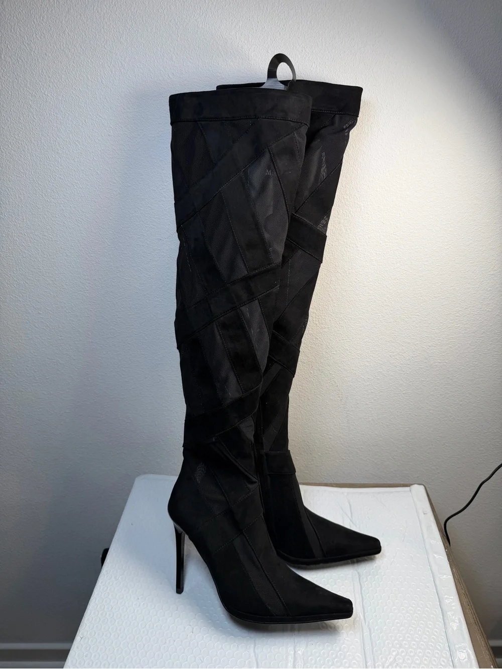 Women’s Black Over Knee Stiletto Boots Mesh Patchwork Pointed Toe Size 6.5